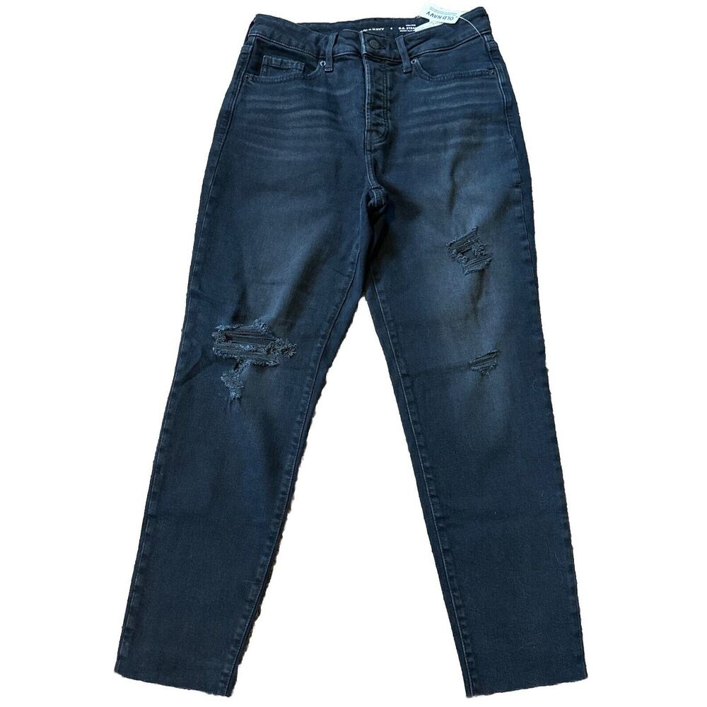 Old Navy Jeans Women Sz 6 OG Straight High Rise Black Distressed NWT Button Fly